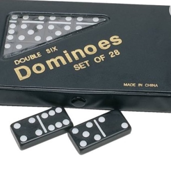 Vintage DOUBLE 6 Dominoes Black tiles with white dots in black vinyl case - Picture 1 of 6